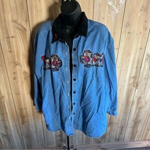 Faded Glory Blue Denim Holiday Bears Shirt. Christmas Vintage Button Down